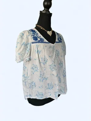 American Vintage Vintage Y2K Cottagecore Prairie Embroidered Peasant 100% Cotton Top Size Medium thumbnail 3