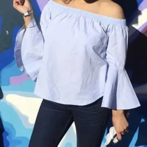 Forever 21 Blue Pinstripe Off the Shoulder Long Sleeves Blouse Women Size M thumbnail 1