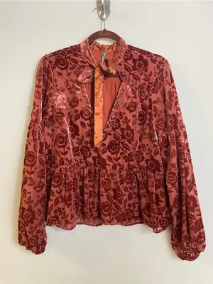 Anthropologie Rust Floral Velvet Tie-Neck Long Sleeve Peplum Blouse Size Medium thumbnail 3