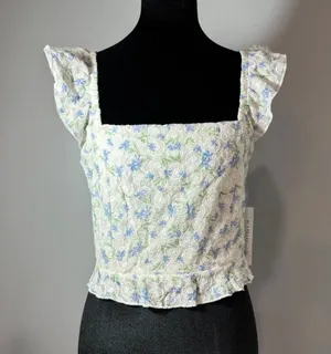 Kirious Los Angeles Blue Floral Lace Tie Back Corset Top Cottagecore thumbnail 1