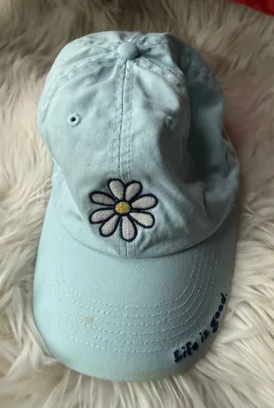 Light Blue Baseball Cap with Embroidered Daisy and 'Life is Good' Slogan thumbnail 1