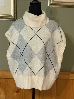 LOFT Cream and Light Gray Argyle Cowl Neck Sweater Vest size XL thumbnail 1