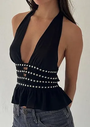 Commense Edgy Chic Studded Detail Ruffle Halter Top NWT Small thumbnail 1