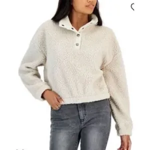 PacSun Womens Midrift Sherpa 1/4 Snap Cropped Pullover Sweater Off White Small‎ thumbnail 1