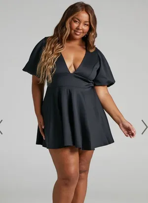 NWT Showpo. Margerie Plunge Puff Sleeve Fit & Flare Black Mini Dress Size 16 thumbnail 1