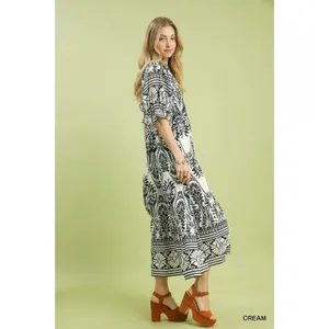 Umgee Two tone Border Print Midi Dress - Cream - Medium thumbnail 3