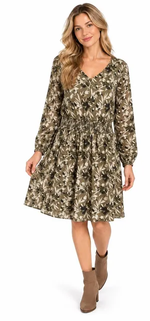 Noir Khaki Green Floral V-Neck Smocked Drop Waist Long Sleeve Knee Length Dress thumbnail 1