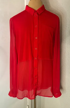 Free People Sheer Button Down Red Blouse M Cherry Girl Boho Coquette Holiday thumbnail 1