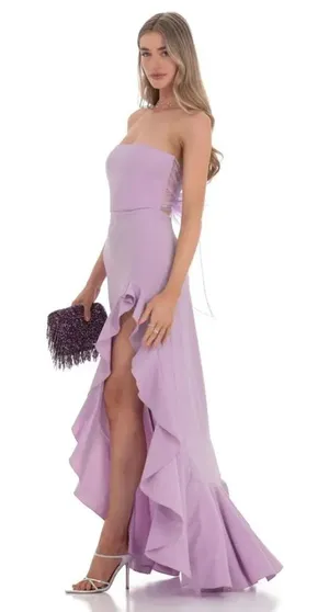 Lucy in the Sky Strapless Back Bow Corset Maxi Dress in Lavender thumbnail 1