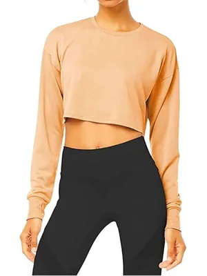 NWT Bestisun Cropped Workout Top Womens Medium Peach Beige Long Sleeve Crew‎ thumbnail 1