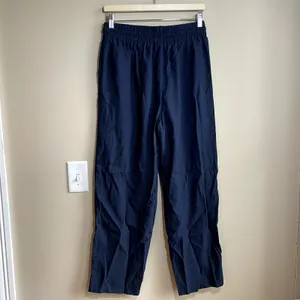 women's linen nylon blend‎ navy elastic drawstring waist wide leg jogger pants L thumbnail 5