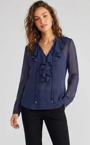 Tommy Hilfiger Blouse Medium Ruffle Top Long Sleeve Blue Preppy Office Work Wear thumbnail 1