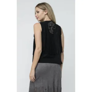 Vocal Women’s Black Sleeveless Fringe Rhinestone Skull Open Front Vest SZ XL EUC thumbnail 3
