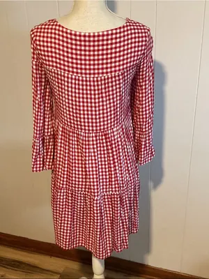 beachlunchlounge Red and White Gingham Tiered Long-Sleeve Dress thumbnail 4