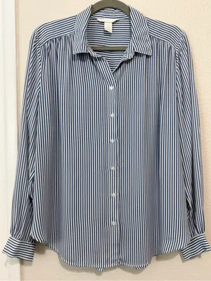 H&M Blue and White Vertical Stripe Button-Up Blouse. Size M thumbnail 1