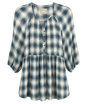 Maeve Plaid Babydoll Tunic‎ Top Henley Button Front Blue Cream Plaid Womens XS thumbnail 1