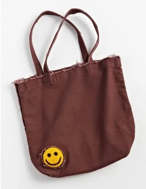 Urban Outfitters Smile Patch Distressed Canvas Brown Tote Bag thumbnail 1