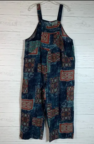 Himosyber Patchwork Jumpsuit Loose Floral Print Bohemian Wide Leg Overall 2XL thumbnail 6