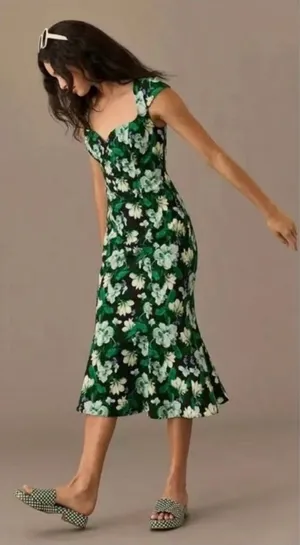 Anthropologie‎ the cecily Floral Botanical Midi Dress Sweetheart Neck Large thumbnail 1