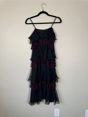 Vintage 90s Black Burgundy Lace Tiered Maxi Dress Womens S Whimsigoth Witchy thumbnail 9