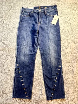 💥NWT 7 For All Mankind Edie High Rise Crop Straight Jeans Grommet Raw Hem~29🧡 thumbnail 13
