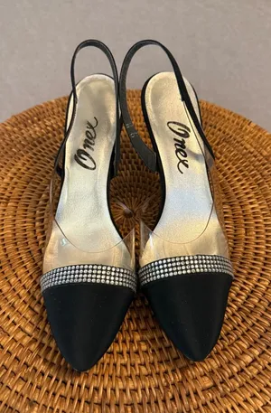 Onex Womens Black Rhinestone Clear Slingback Pointed Toe‎ Kitten Heels Size 9 M thumbnail 1