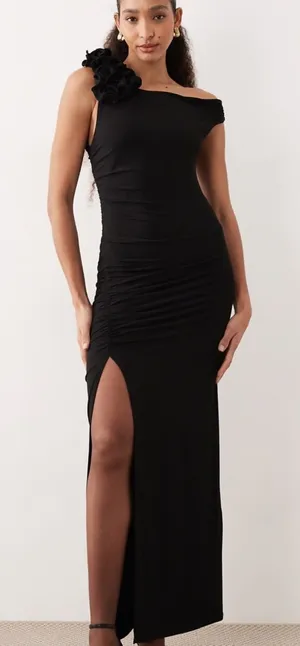 Mango asymmetric sleeveless maxi dress with statement shoulder black size M us 6 thumbnail 1