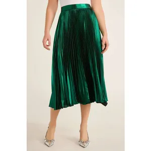 Free Assembly Elegant Emerald Green Satin Pleated Midi Skirt Flowy Accordion XS thumbnail 2