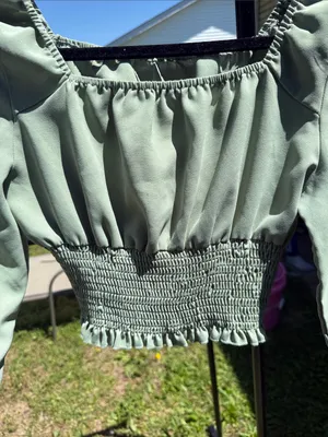SHEIN Sage Green Smocked Crop Peasant Top thumbnail 2