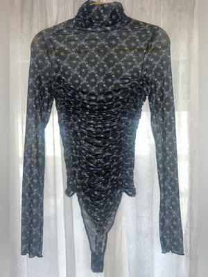 Free People NWOT Under It All Ruched Mesh Turtleneck floral Bodysuit Med Boho thumbnail 2