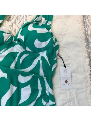 Shade & Shore NWT Women's One Piece Swimsuit Green White Leaf Shirred M (8/10) thumbnail 6