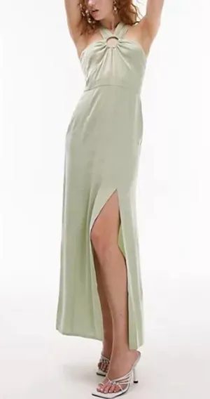 New Topshop Ring Detail Halter Neck Side Slit Maxi Dress Sage Green Size 6 thumbnail 4