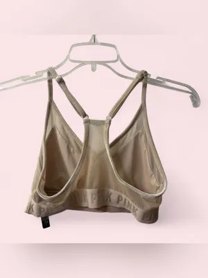 Victoria’s Secret PINK SPORT Velvet Lightly‎ Lined Racerback Bra Beige Medium thumbnail 4