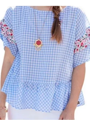 Matilda Jane Womens Wish You Were Here Blue White Gingham Blouse Top Xs thumbnail 1