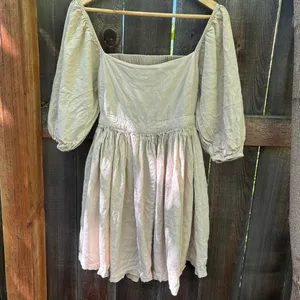 Mable Linen Blend Beige Londyn 3/4 Puff Sleeve Open Back Mini Dress Small thumbnail 3