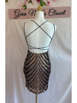 Lovely Day Women's Black and Rose Sequin Mini Dress with Strappy Open Back, Size thumbnail 2