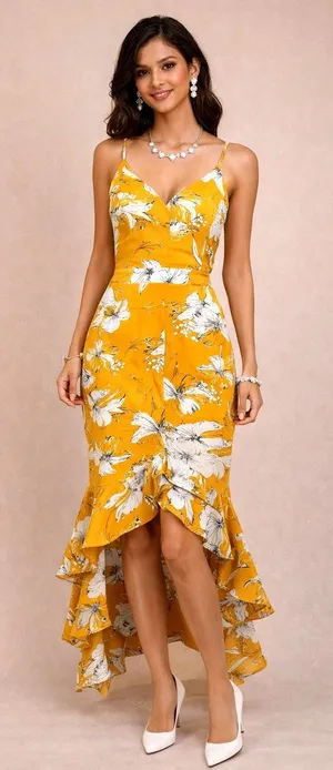 Lulu’s Darling Daylily Mustard Yellow Floral Print High-Low Maxi Dress M thumbnail 1