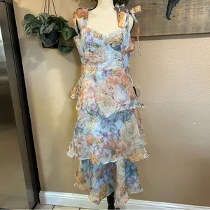 NWT Lulus Playfully Posh Blue Floral Organza Tie-Strap Tiered Midi Dress thumbnail 3