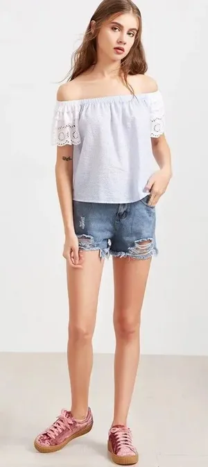 ✨Eyelet Embroidered Off The Shoulder Top✨ Blue Size M thumbnail 1