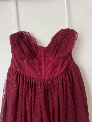 Lulus Burgundy Swiss Dot Tulle Midi Dress S ♟️ thumbnail 2