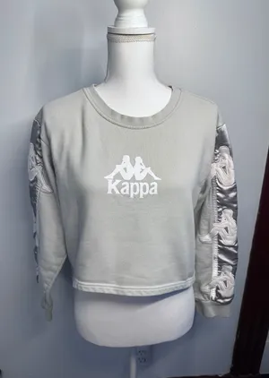 Kappa Womens Cropped Sweatshirt Light Grey Logo Sleeve Tape Large thumbnail 1