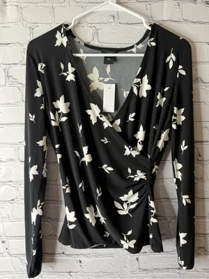 NWT Ann Taylor Black Floral Wrap-Front Long Sleeve Top small thumbnail 1
