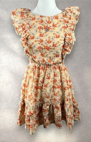 MINKPINK Zahari Summer Dress Women’s S Orange Mini Ruffle Floral Bohemian Beach thumbnail 1