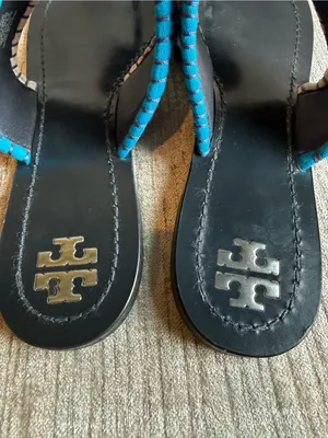 Tory Burch Women's Patos Sport Blue Silver Disk Thong Sandals Flip Flops thumbnail 3