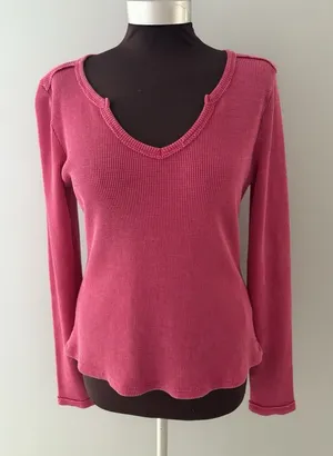 Pilcro Anthropologie Thermal Shirt Size L Pink Waffle Knit V-Neck thumbnail 1
