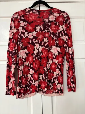 Garnet Hill Red Floral Button-Down Cardigan 100% Merino Wool Blouse Size Medium‎ thumbnail 9