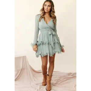 Aura Greta Tiered Ruffle‎ Chiffon Dress Olive Size Large thumbnail 2