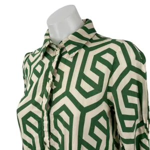 Zara Karen Green Geometric Long Sleeve Button Tiered A Line Midi Dress Size XS thumbnail 3