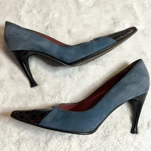 Sergio Rossi Pointed Toe Heals Blue Suede & Embossed Brown Leather Size 37 US 7 thumbnail 1