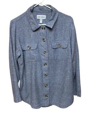 Centigrade Button Front Linen Blend Shacket Shirttail Hem Indigo Blue M NO BELT thumbnail 1